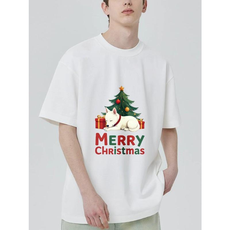 Christmas T-Shirt Black White Dog and Christmas Tree with Gifts Merry Christmas Print Holiday Party Casual Wear