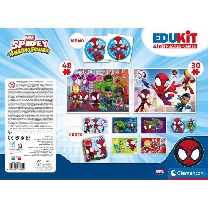 Clementoni - Edukit - Spidey - 4-in-1 Learning Set - 2 Puzzles, 1 Memory Game, 1 Set of 6 Cubes - Made In Italy - Ages 4+