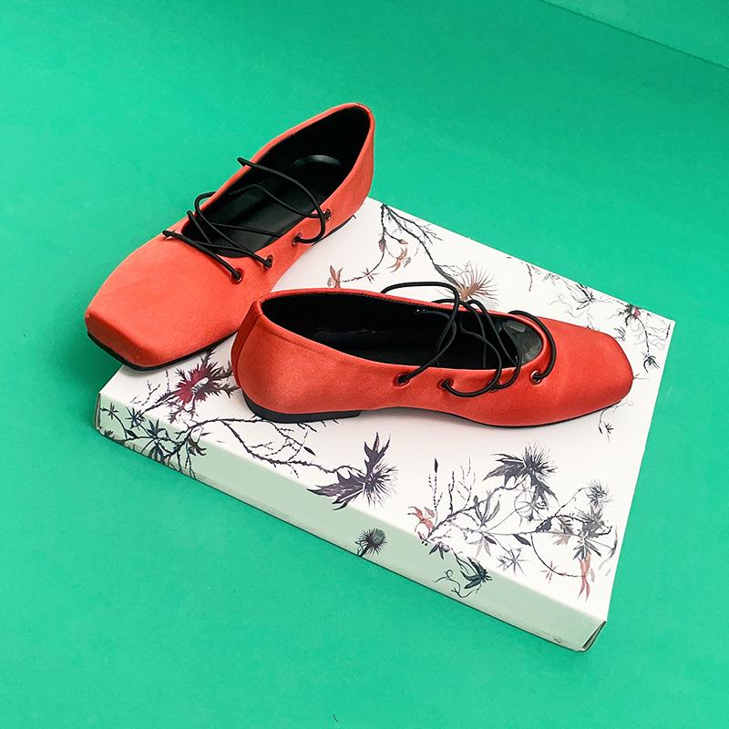 Korean New Blue Satin Leather Square Head Retro Niche Light Mouth Single Shoes Mary Jane Ballet Flats Women