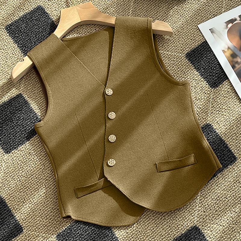 French Retro V-Neck Single-Breasted Irregular Sleeveless Slim Knitted Vest For Women