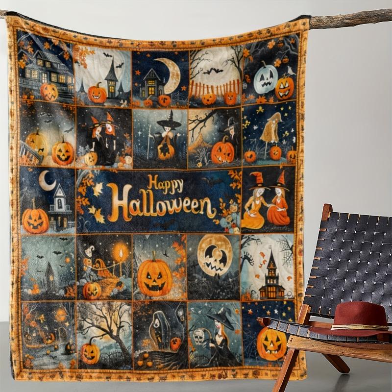 Comfortable Retro Halloween Themed Pumpkin and Bat Patterned Flannel Blanket Soft and Warm Multifunctional Ideal Gift Blankets
