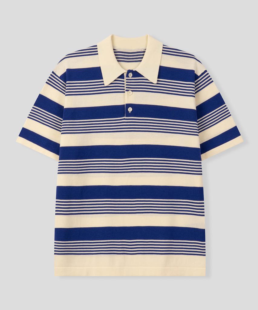 BLACK MOMENT Marine Stripe Oversized Collared Short Sleeve Knit [Black]