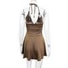 Womens Deep V-Neck Halter Backless Wrap Tie Dress With Ruched Detail Asymmetrical Hem