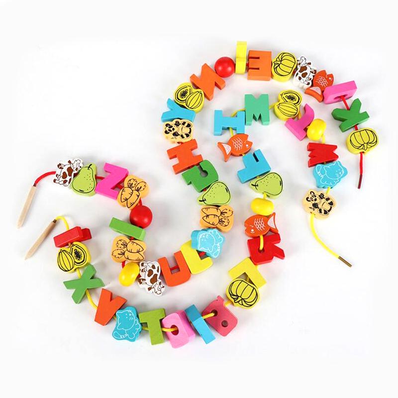 26 Stück Holzperlen Spielzeug Früchte Cartoon Muster DIY Schnur zum Auffädeln Holzperlen Montessori Lernspiele für Kinder TMZ
