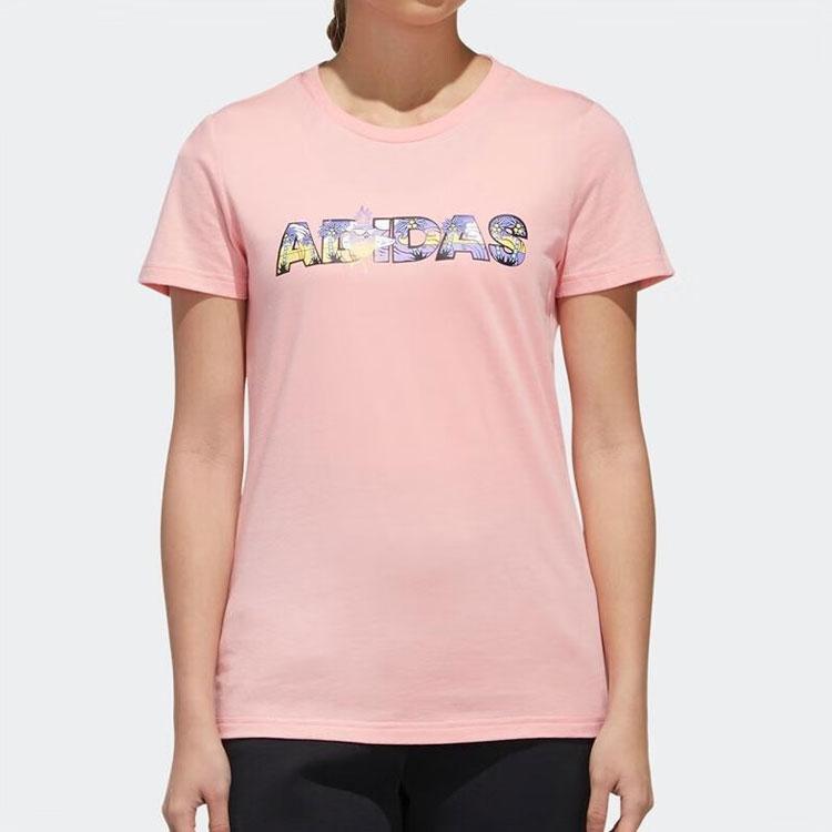 Adidas Letter Print Ribbed Crew Neck Sports T-Shirt Women Tops Pink FT2919