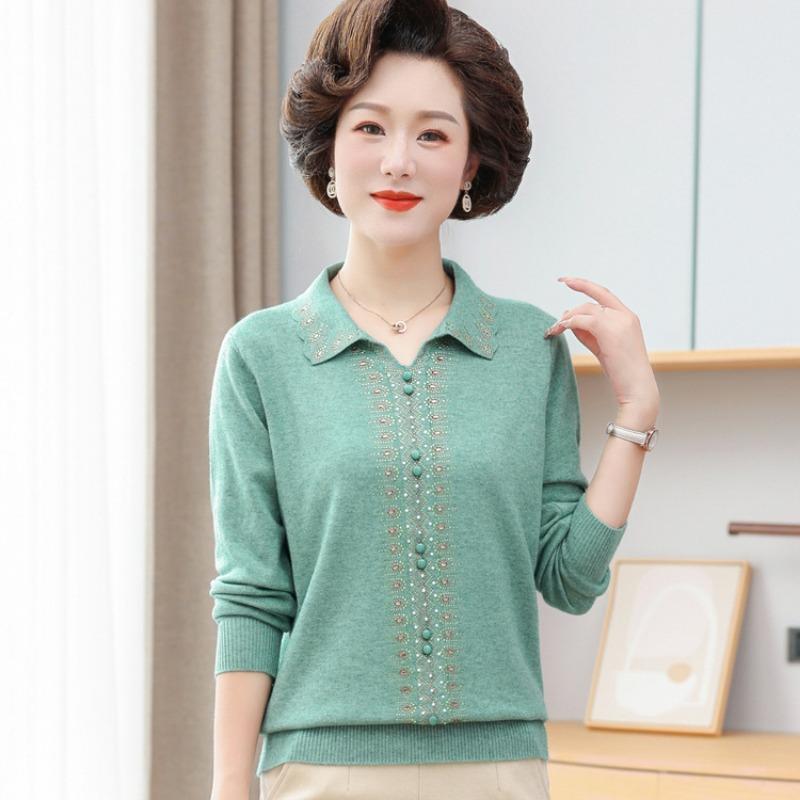 Mom Spring New Long-sleeved T-shirt Casual Age 0 Women's Clothes Medium Women's Spring Lapel Top