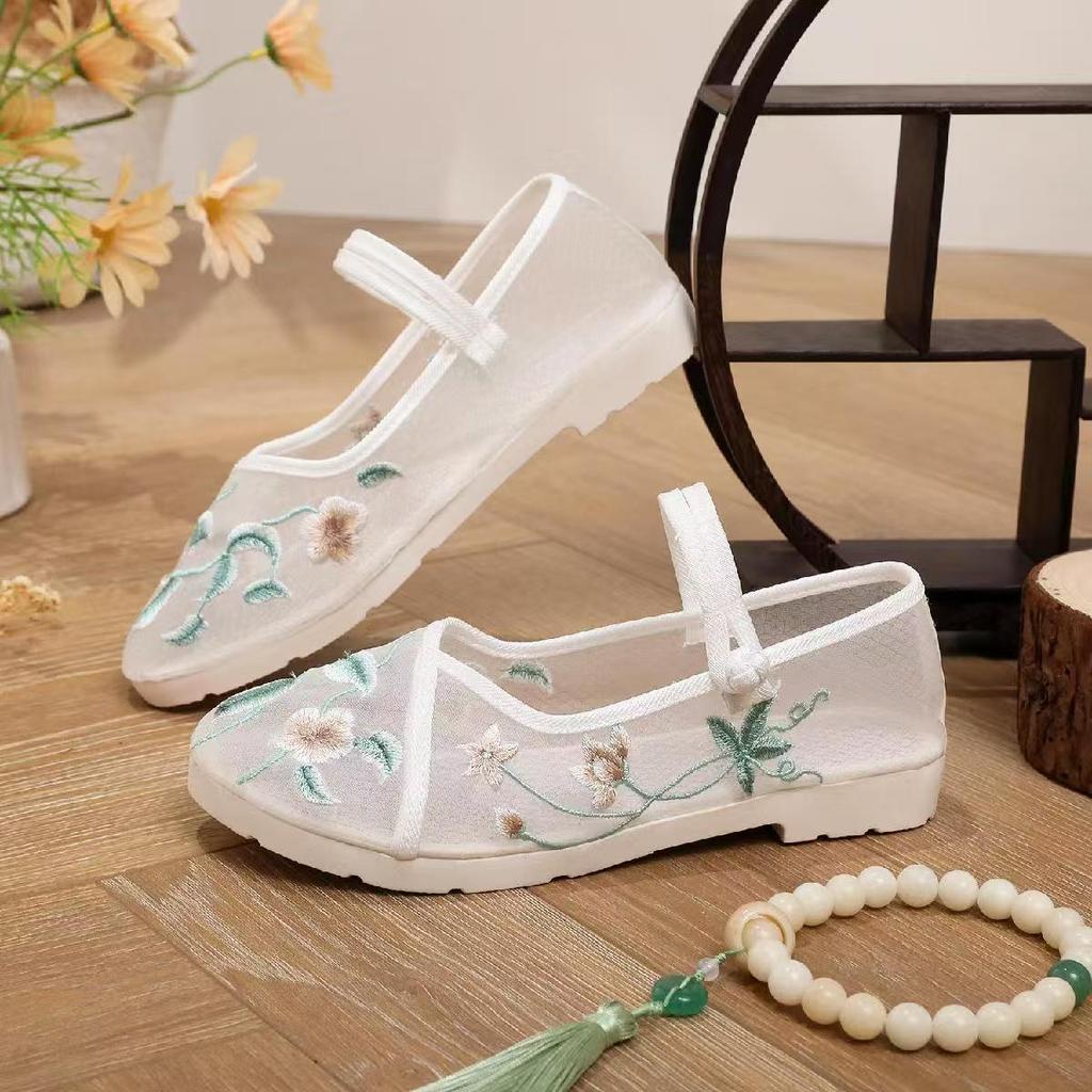 Woman's Summer New Mesh Flat Sole Embroidered Shoes Soft Sole Breathable Lightweight Mary Jane Shoes Round Toe Hanfu Shoe Sandal