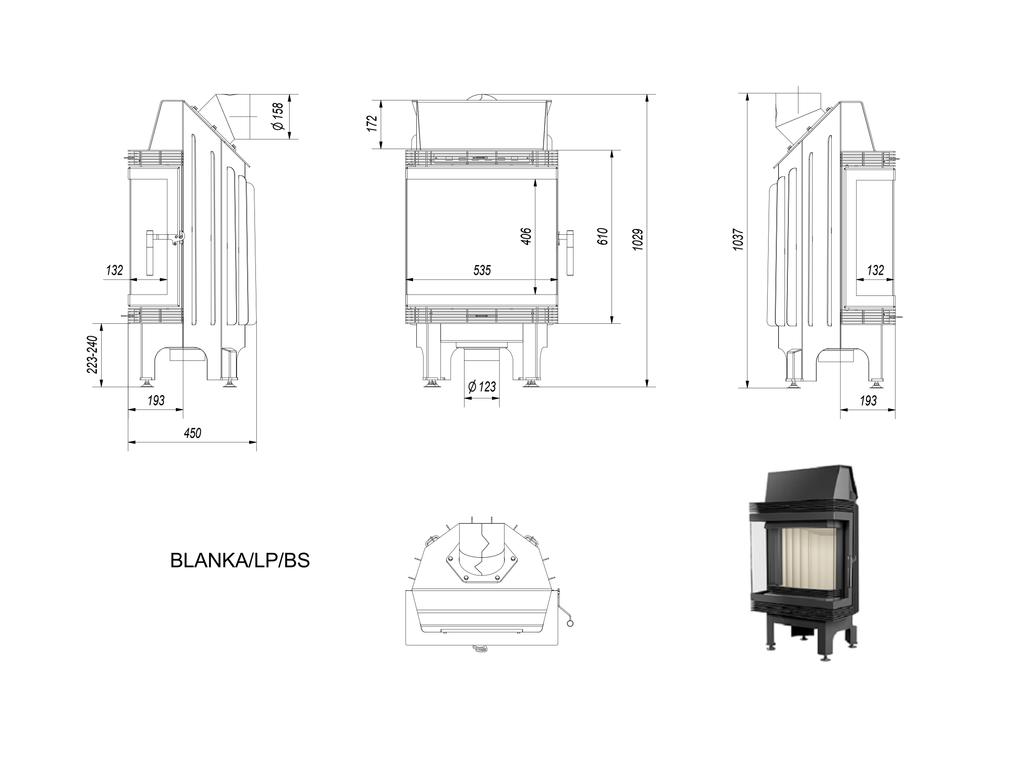 Air Fireplace Insert KRATKI BLANKA LP 8 kW Ø 160 Assembly Kit