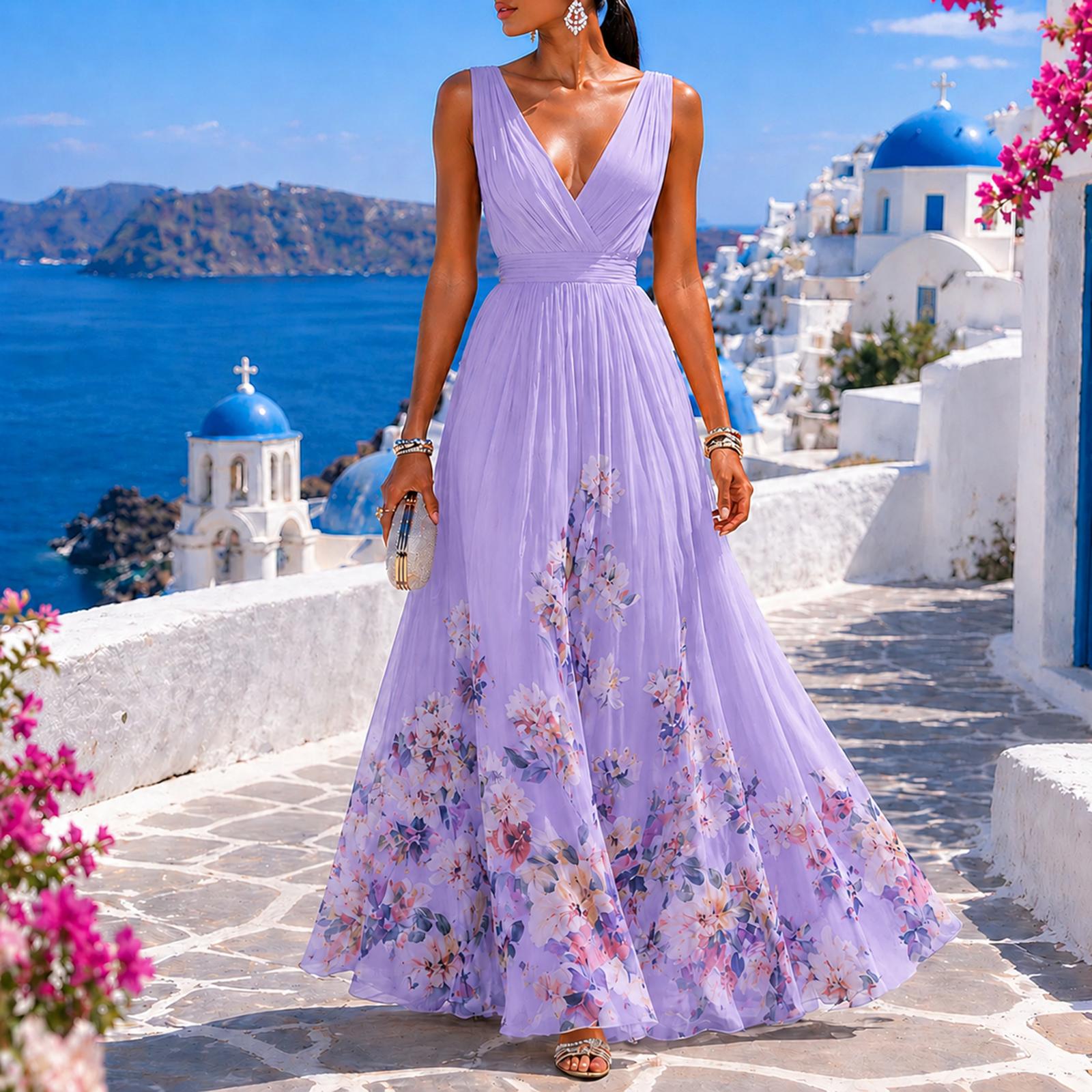 Sleeveless V Neck Chiffon Dress with Waist Cinch Gradient Floral Print Vacation Maxi Dress for Women L