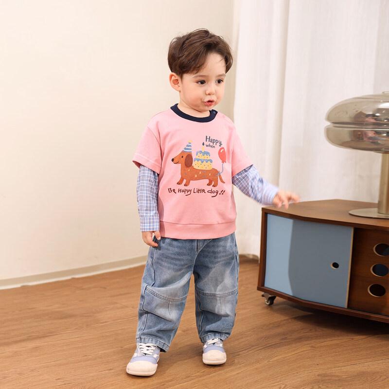 LUSON Boys' Skin-Friendly Faux Two-Piece Long Sleeve T-Shirt