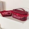1Pc Purified Red Mesh Makeup Bag With Ruffle Detail Love Embroidery Cute Portable Cosmetic Organizer For Girls Toiletry Pouch