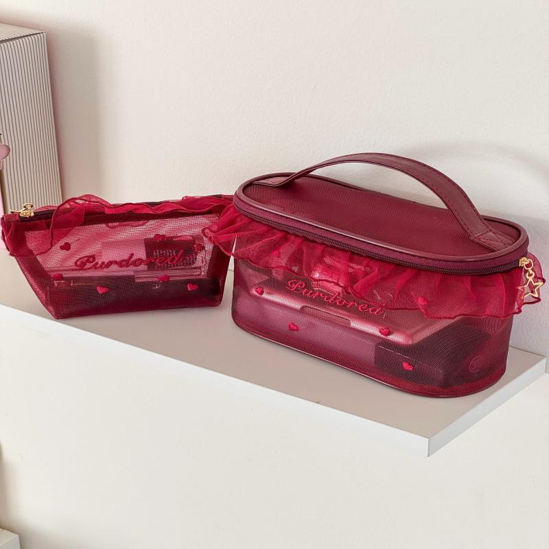 1Pc Purified Red Mesh Makeup Bag With Ruffle Detail Love Embroidery Cute Portable Cosmetic Organizer For Girls Toiletry Pouch