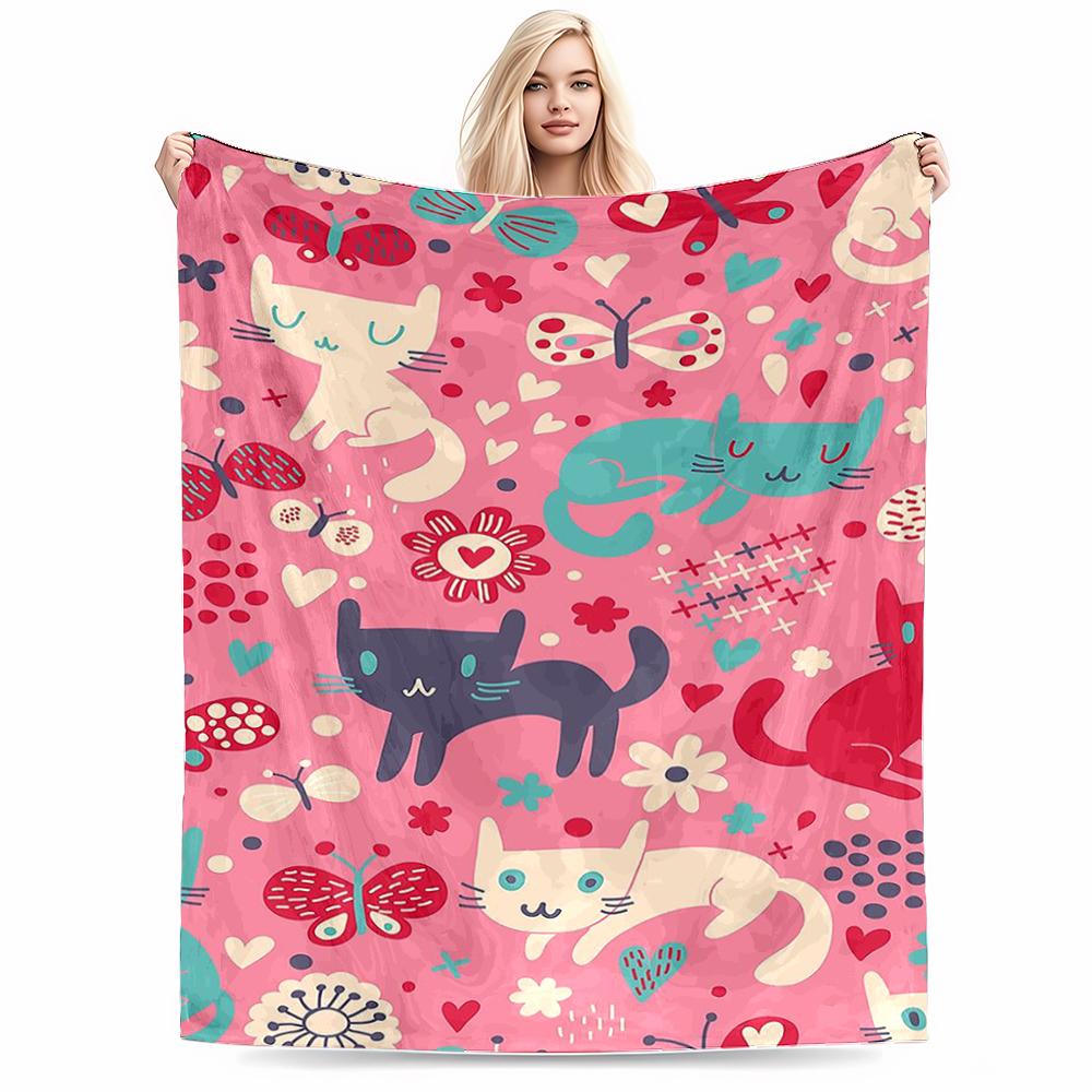 Colorful Cats and Butterflies Flannel blanket for bedroom, living room, sofa, and nap