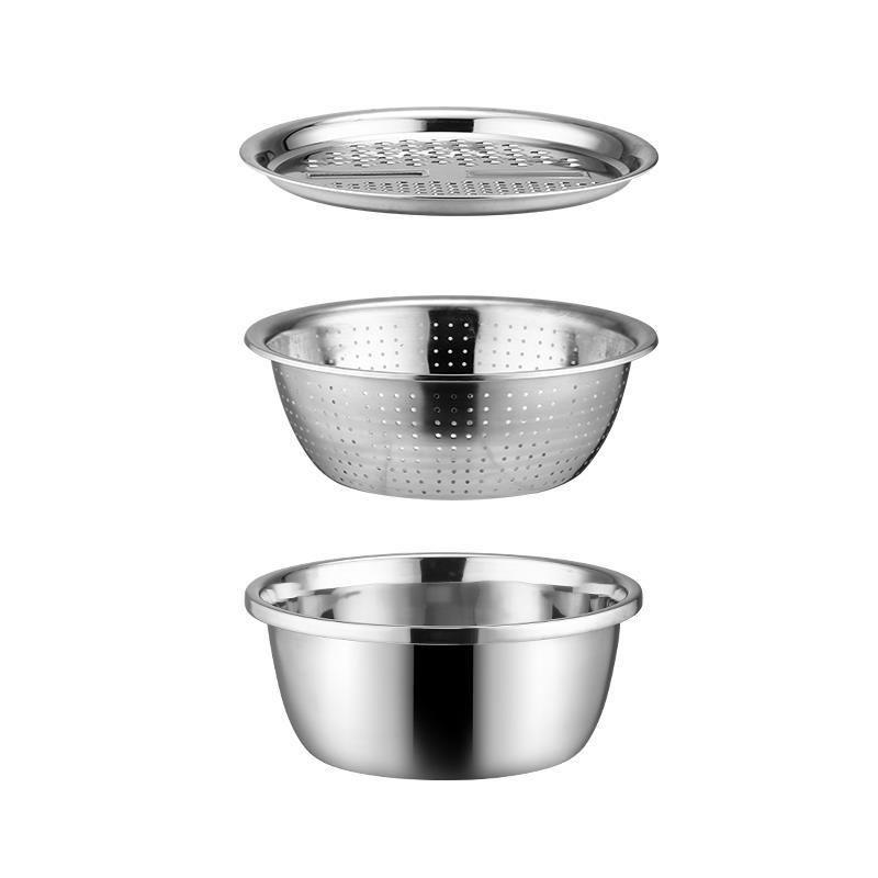 Three-Piece Stainless Steel Grater, Colander, and Vegetable Washing Bowl Set for Multi-functional Kitchen Use