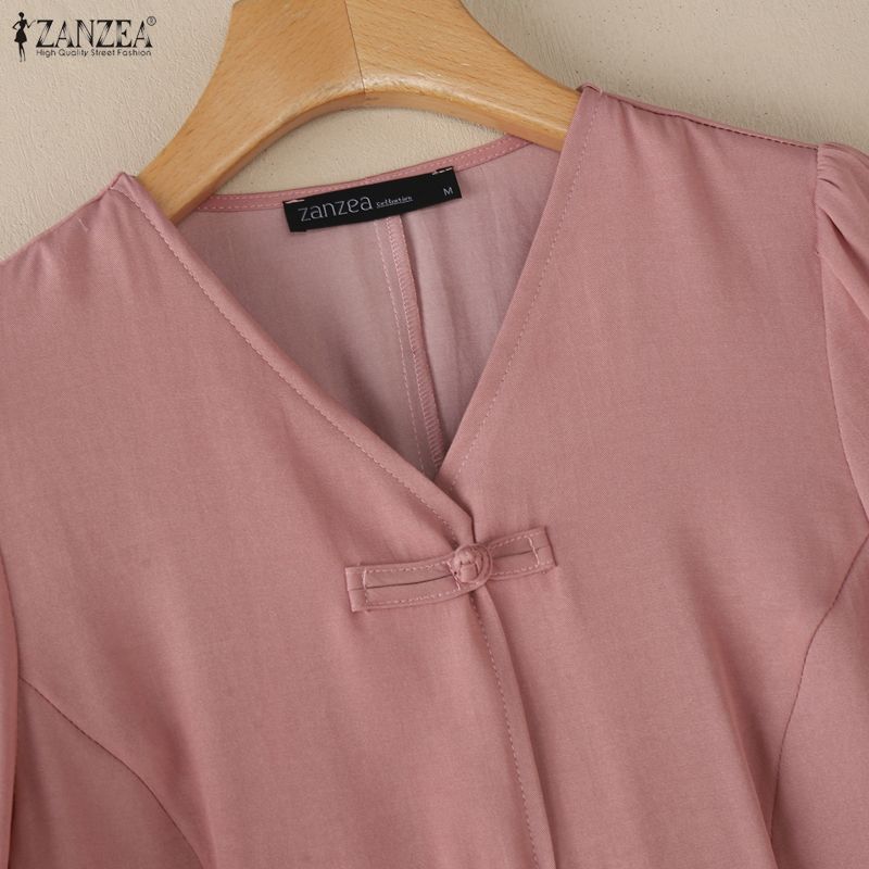 ZANZEA Dámská ležérní letní halenka s V-výstřihem, jednobarevná, krátký rukáv