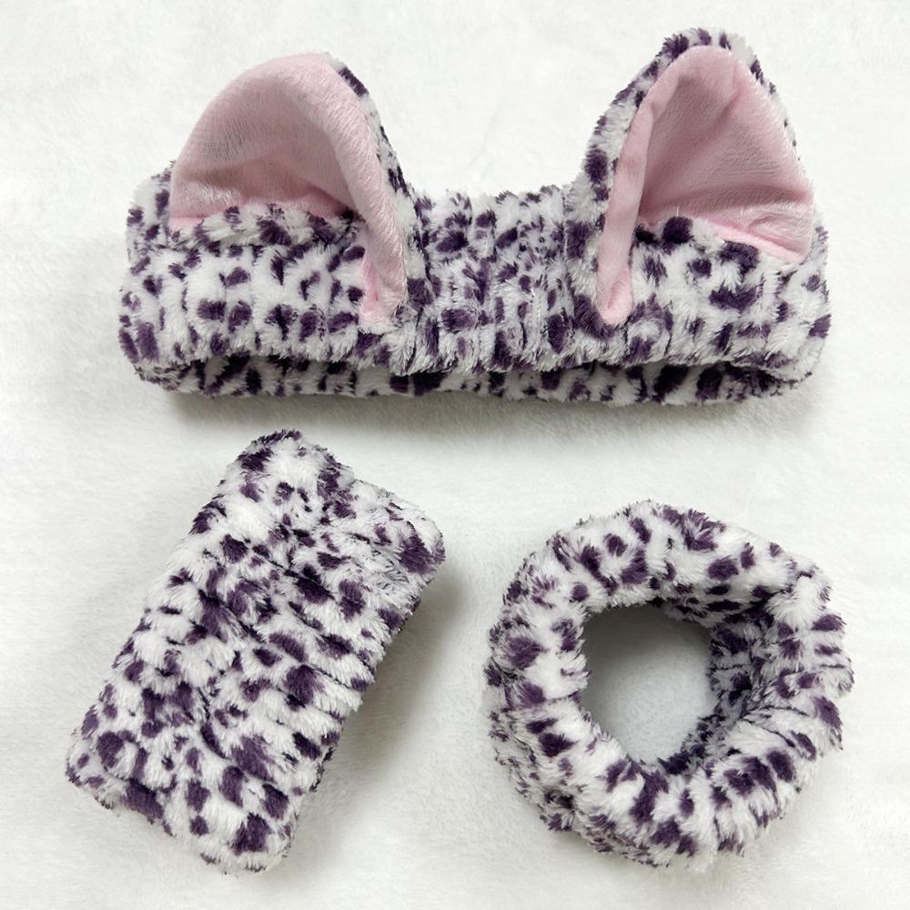 3pcs/set Leopard Print Cute Cat Ear Plush Headband Elastic Wrist Strap  For Women Girls