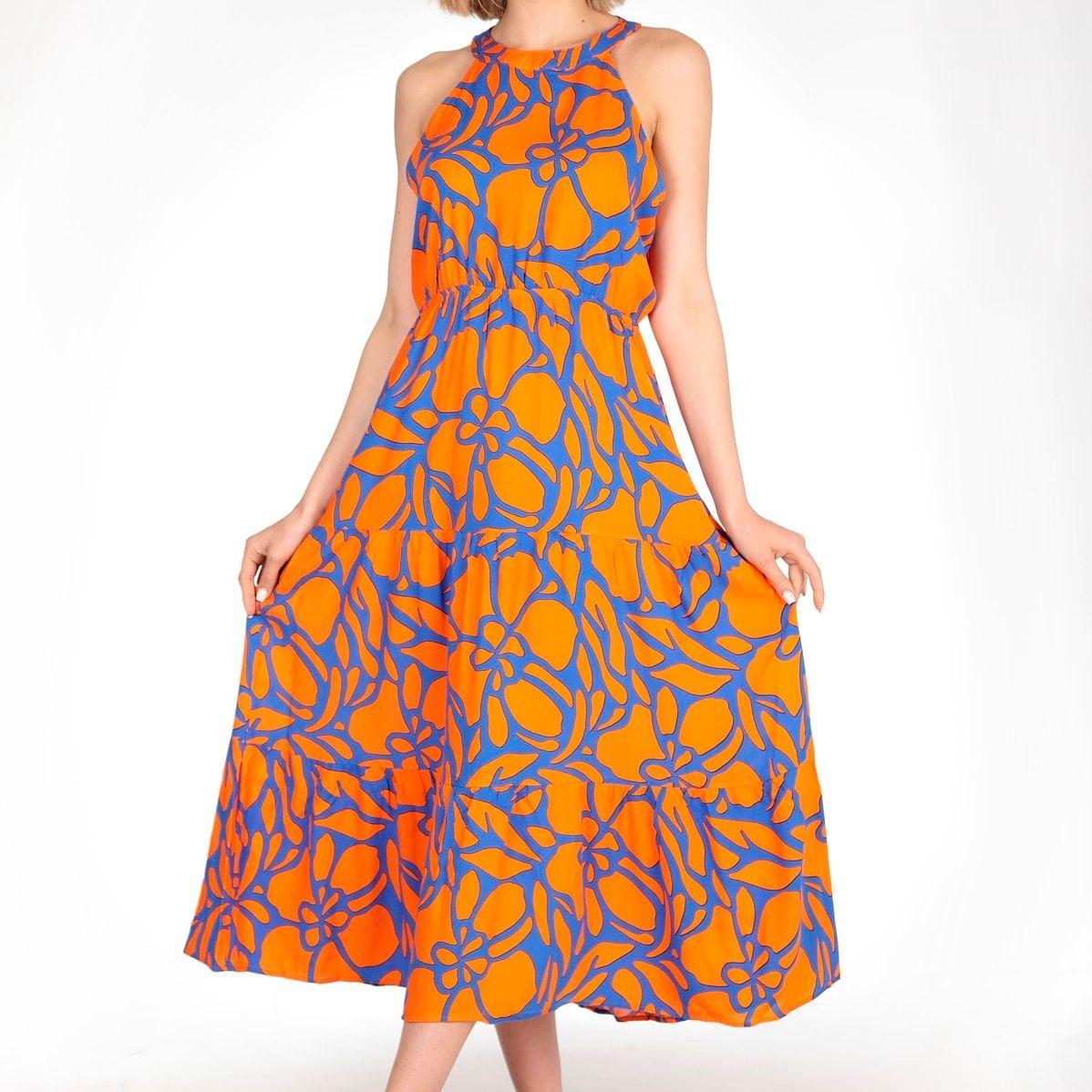 

Orange Patterned Long Dress High Quality Halter Neck Viscose Dress New Season