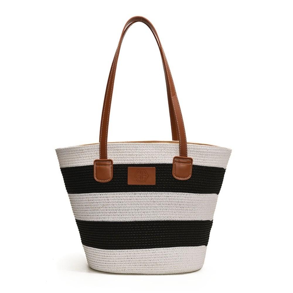 Lightweight Stripe Woven Tote Bag Polyester Summer Beach Handbag Shopping Straw Bag  School