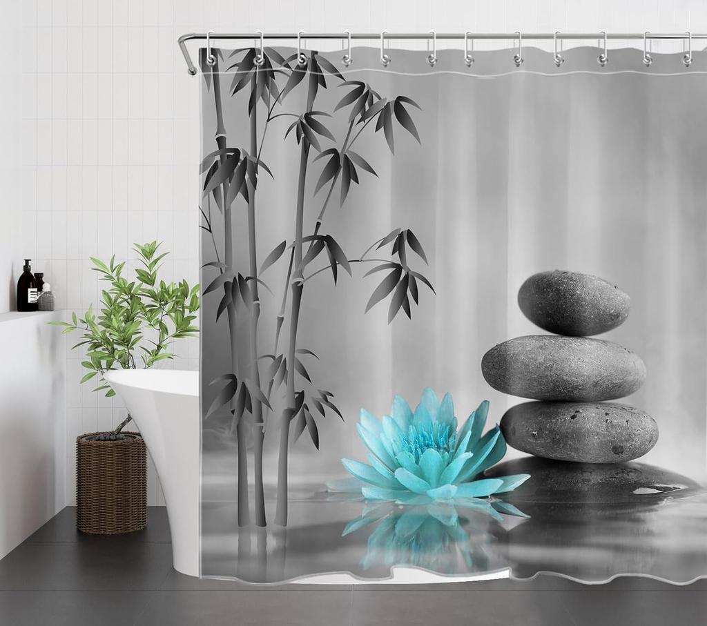 Zen Spa Shower Curtain Grey Bamboo Stone with Teal Water Lily In Water Bathroom Shower Curtain Teal and Gray Bathroom Curtain