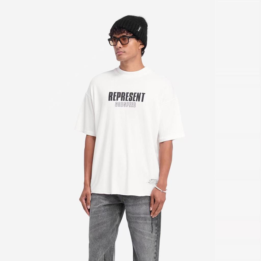 REPRESENT REP Letter Angel Print Vintage Washed Distressed Loose Short Sleeve T-Shirt for Men and Women