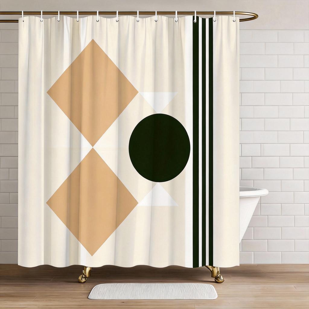 Geometric Shower Curtain Abstract Circles And Stripes Design Polyester Bath Curtain With Hooks For Modern Dec