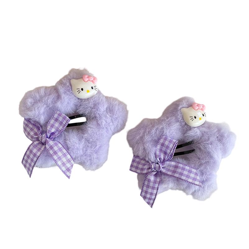 Sweet KT Cat Plaid Bow Plush Hair Clip - Cute Autumn/Winter Accessory