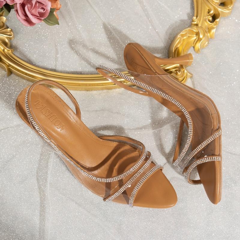 Summer Women Transparent Pointed Toe Thin Heel Sandals Natural Shiny Embellished High Heels