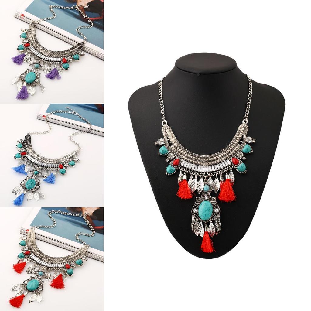 Ethnic Style Simulation Gemstone Decoration Women Necklace With Tassel Design For Art Lovers