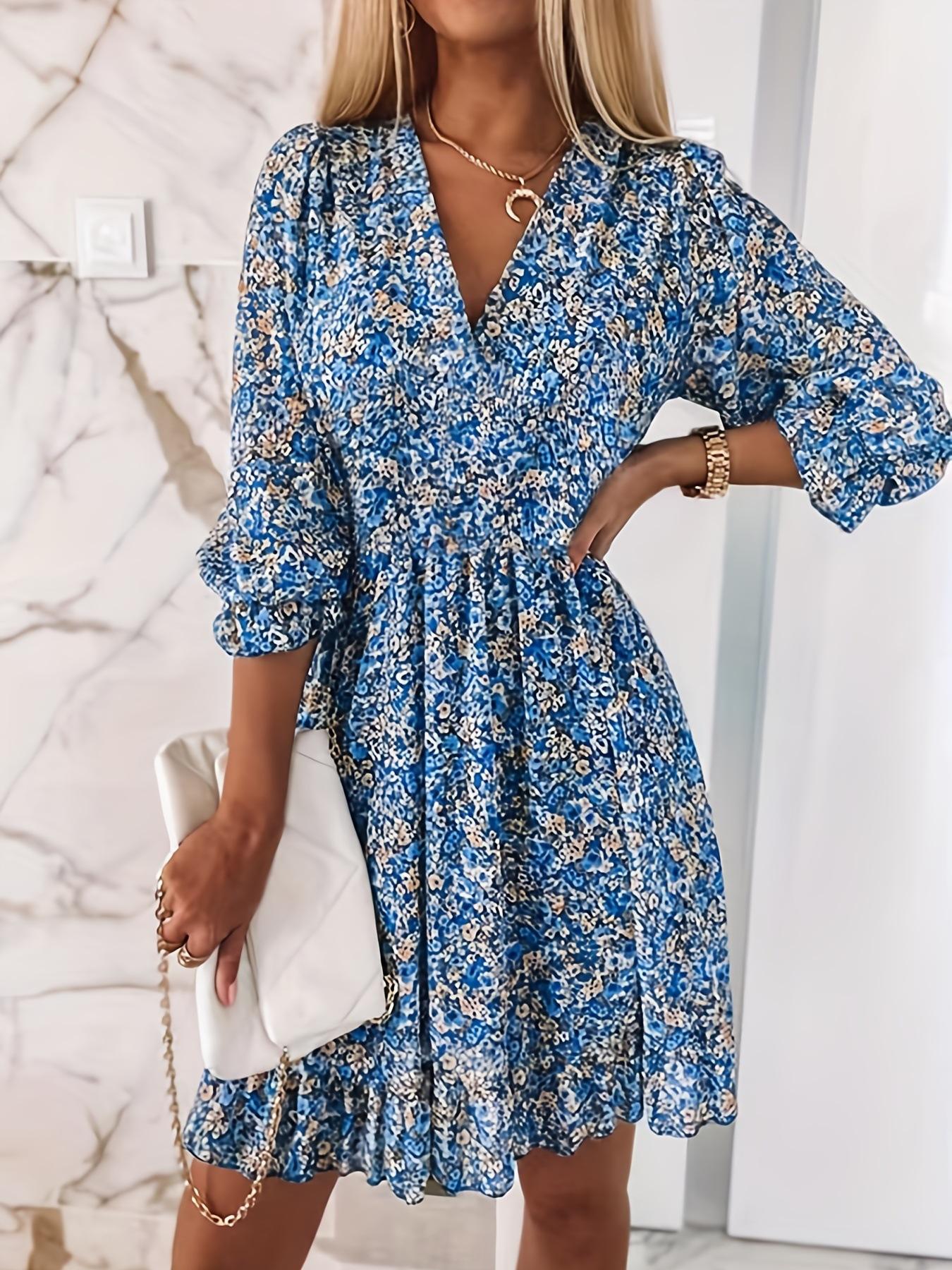 

Wrap the waist skirt, new women s clothing floral dress, v-neck dress. XXL королівський синій колір
