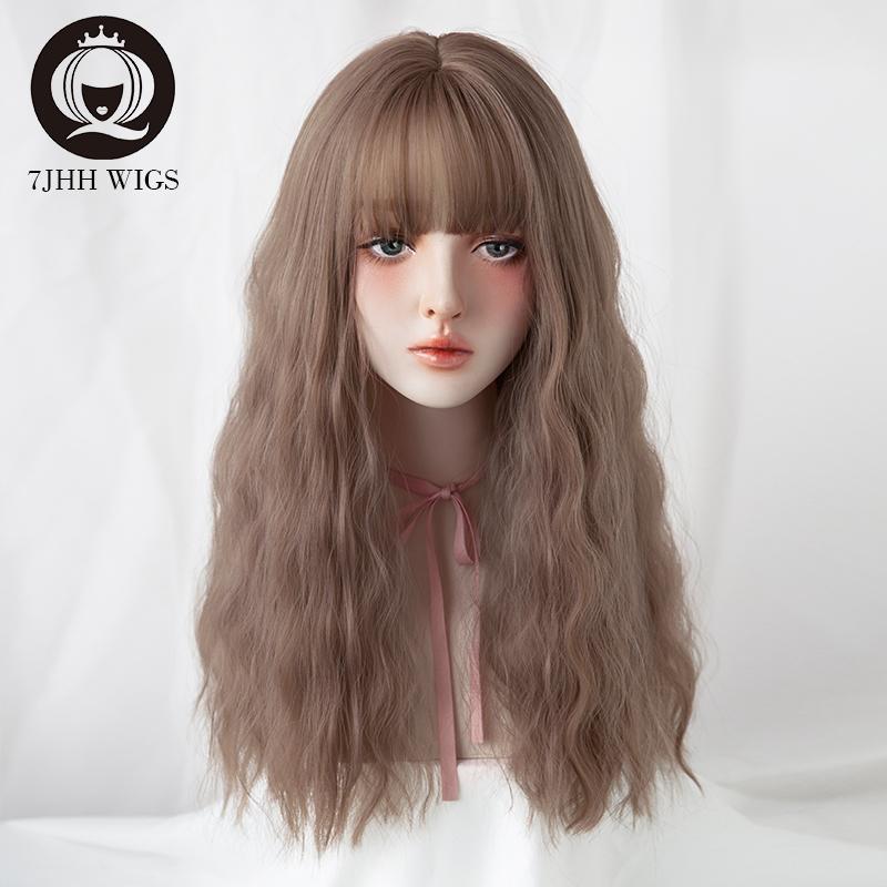 7jhh Wigs Blue Deep Wave Wig With Bangs For Women Long Omber Brown Hair Layered Heat Resistant Cosplay Party Synthetic Wig