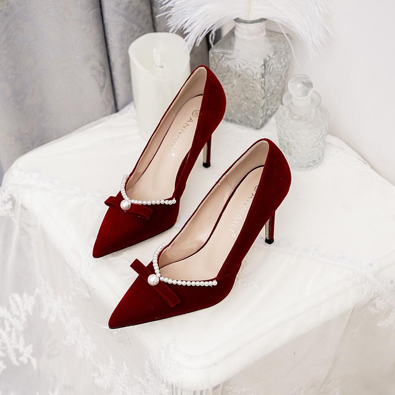 Wedding Shoes Women's White Satin Bow Pearl Bridesmaid Shoes Wine Red Bridal Shoes Women Heels Pumps
