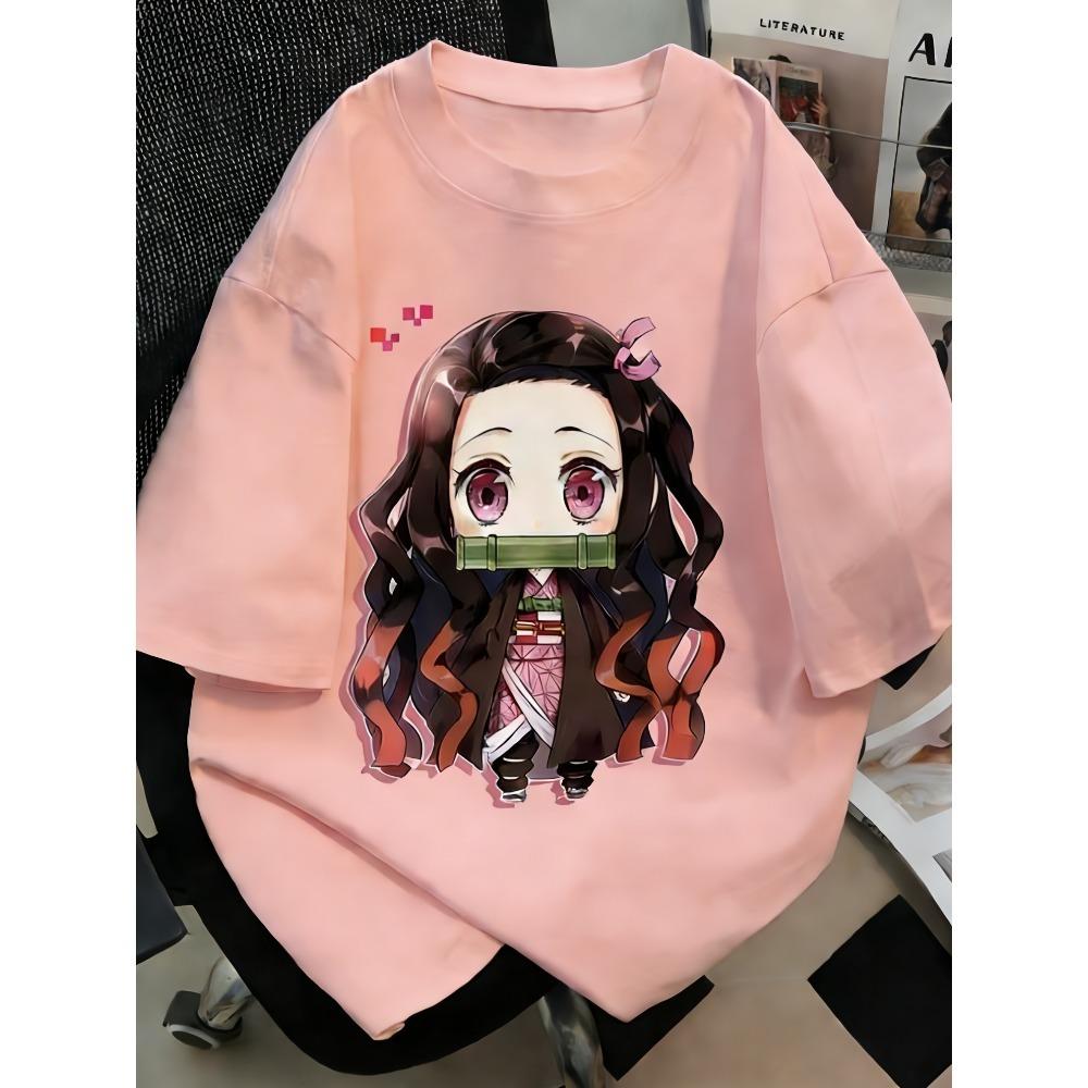 Demon Slayer Nezuko Q Version Cotton T-Shirt, Boys Girls Harajuku Streetwear Anime Short Sleeve Tee, Retro Casual Children Top