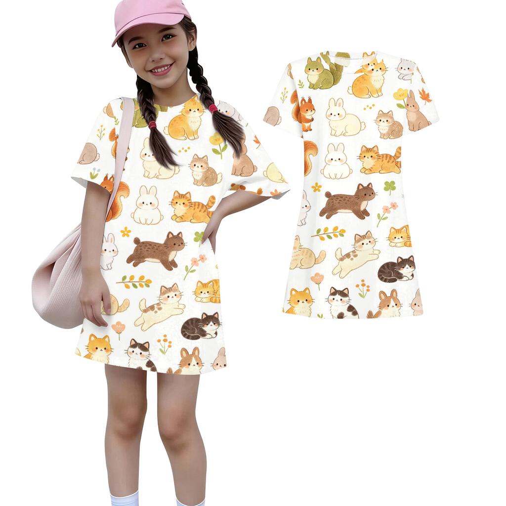 Girls Loose Fit Short Sleeve Dress Animal Print Lightweight Casual Round Neck Summer Dress for Kids