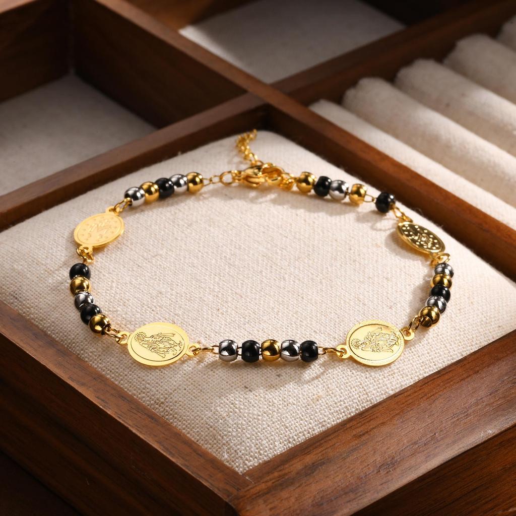 Muslim Stainless Steel Bracelets Cross Beaded Three-color Round Bead Our Lady Bracelet for Women Girls Islam Jewelry Gifts