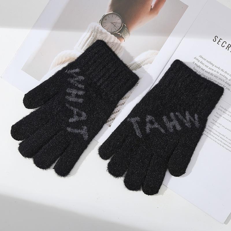 Gants Chauds Homme Hiver Protection Froid Épaissis Couleur Unie Doigt Entier Extérieur Cyclisme Tricot Tactile Cinq Doigts