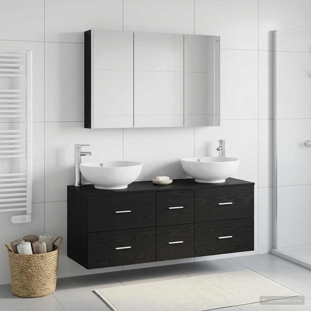 Bathroom Furniture Set 4 Pcs Black Oak Engineered Wood and Glass