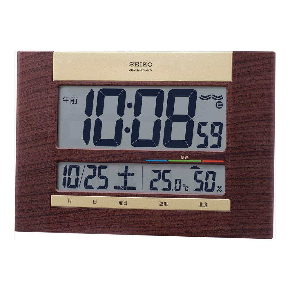 Used Seiko Clock Wall Clock, Table Clock, Radio Wave Digital Calendar, Brown Wood Grain, 18 x 26 x 2.2 cm f