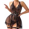 Cross Border  Set Transparent Temptation Black Lace Halter Nightdress Fishnet Stockings Garter Belt Erotic Underwear
