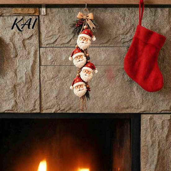 Christmas Tree Hanging Accents Santa Claus Ornament, 2D Flat Decoration, Rustic Wood Ornaments Wall Sign with Pine Branches & Berries for Holiday Home