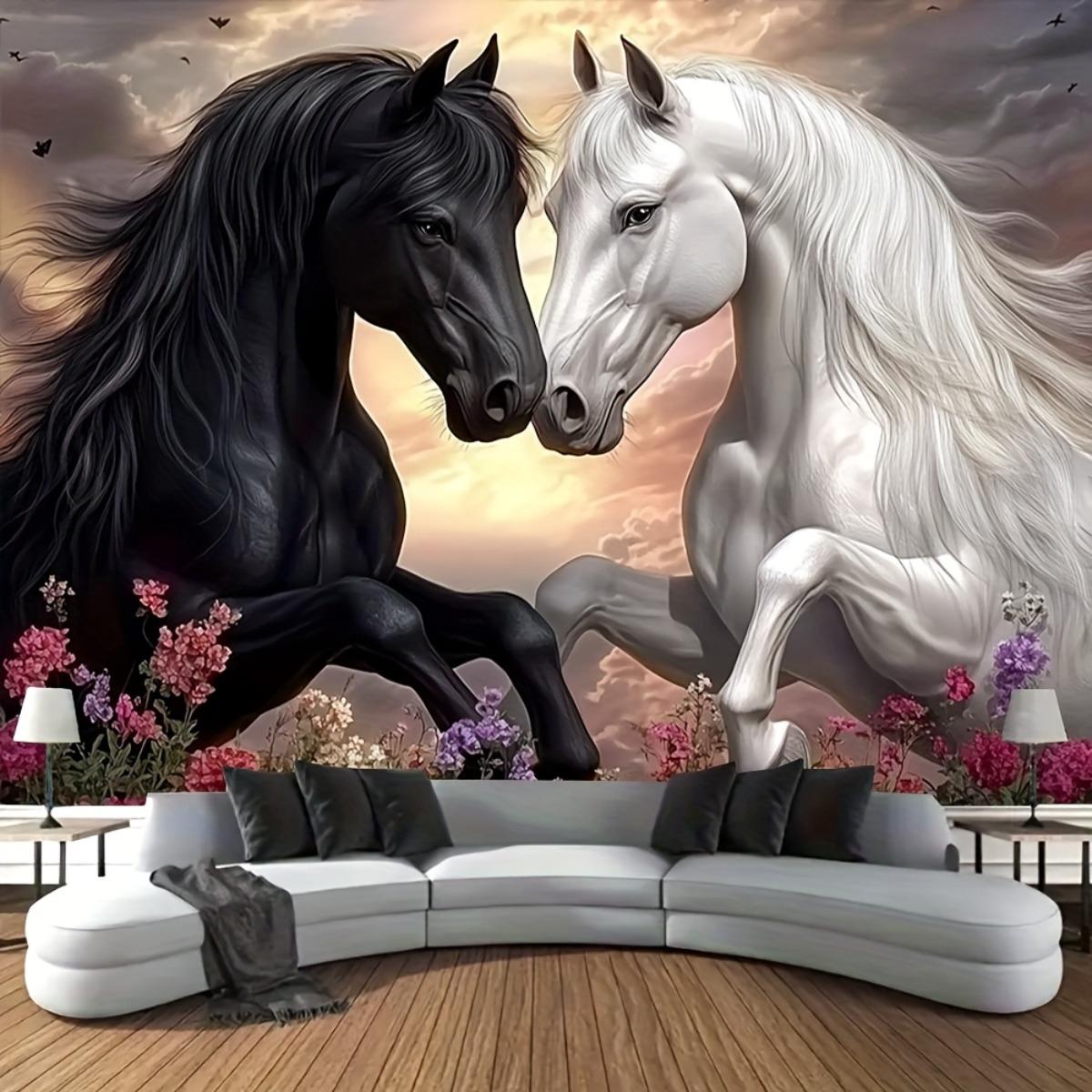 Zwart-Witte Paarden Wandkleed, Yin Yang Hengsten Kunst Wandkleed Voor Woonkamer Slaapkamer, Esthetische Woondecoratie 130x150cm51x59in