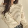 Autumn Winter Knitting Tops Round Neck Puff Long Sleeve Solid Color Loose Fit Casual Top Ribbed Trim Pullover Sweater