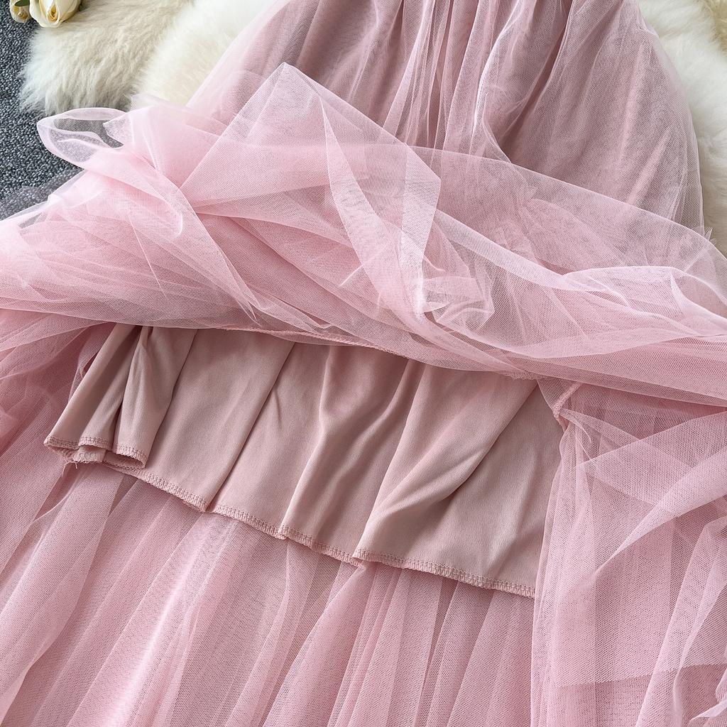 Summer Women Sweet Mesh Patchwork High Waist Long Midi Skirt