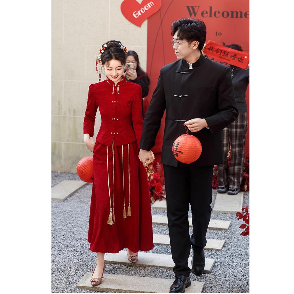 Toast Bridal Burgundy Chinese Engagement Dress Back Door Casual New Small Dress Set