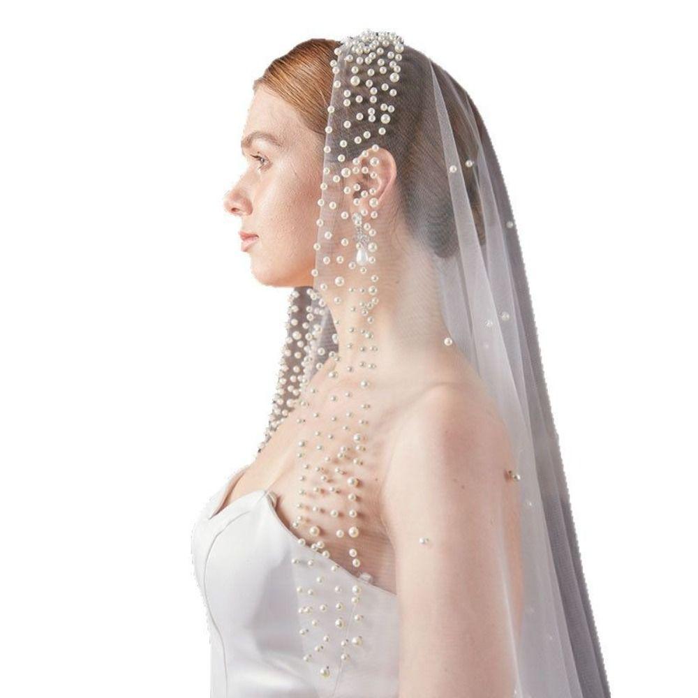 130cm Pearls Tulle Bridal Veil Vintage Waist Length Drop Veil Long Wedding Veil  Wedding Dress