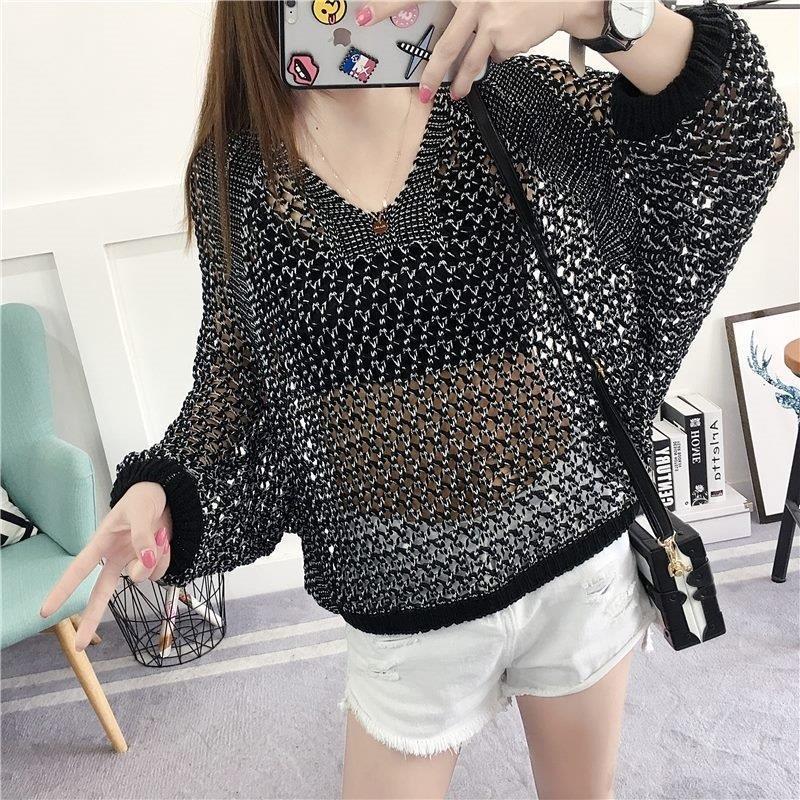 Women's Loose Batwing Sleeve V-Neck Knit Top - Korean Style for Spring/Summer