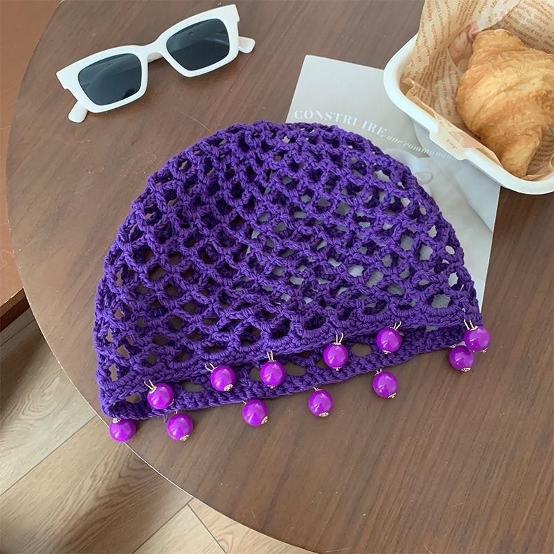 Camellia Hand-Woven Hollow Round Bead Bag Head Hat Women'S Spring And Summer Sweet Bohemian Style Knitted Pullover Hat
