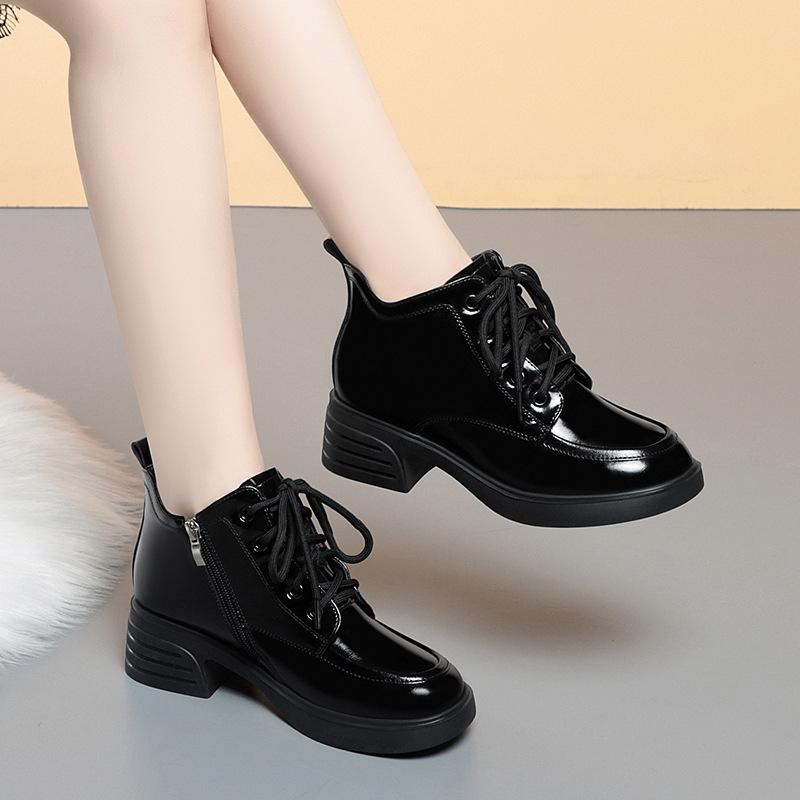 Fashion Autumn Winter Women Shoes Patent Leather Plush Warm Women Boots Platform Thick Sole Ankle Boots Women Shoes High Heel Boots