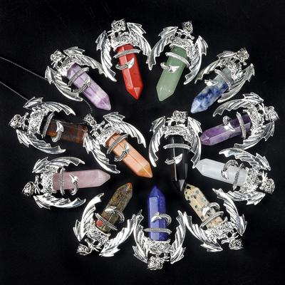 1Pc Hexagonal Pillar Gemstone Necklace Pendant Healing Crystal Amethyst Natural Stone Leather Strap Chain Necklaces for Women Men Jewelry 32x50 Mm