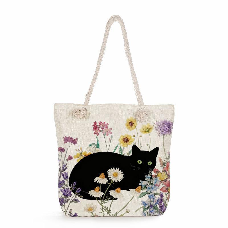 Multifunctional Black cat  Printed Thick Rope Shoulder Beach Bag 7579