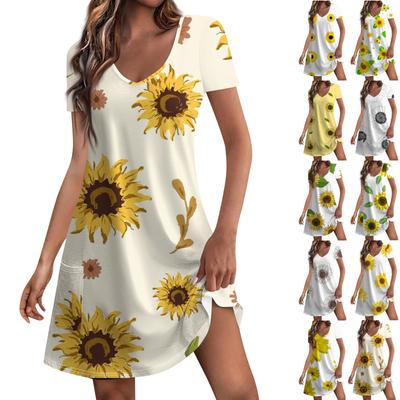 Women's Summer Casual Sunflower Floral Print Short Sleeve Dress with Pockets